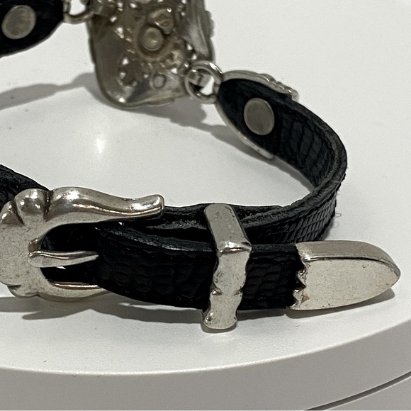 Brighton Black Leather Bracelet Silver Ornate Scroll Flower Design 07043 Boho - Picture 5 of 12